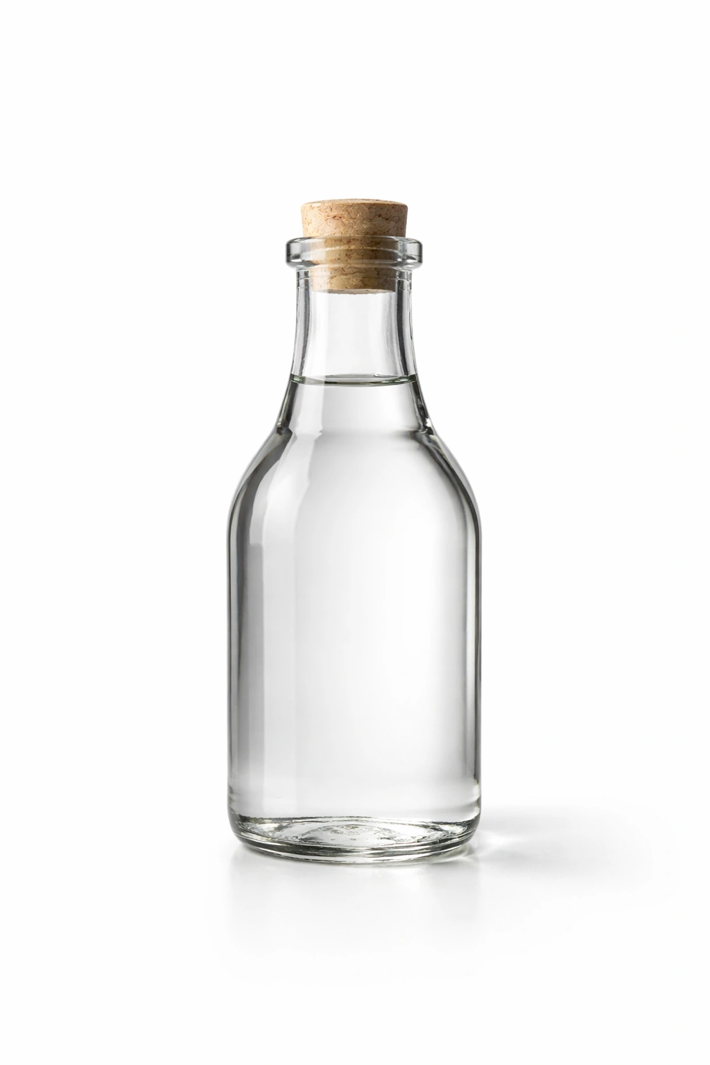 Plain glass bottle of white vinegar on neutral background