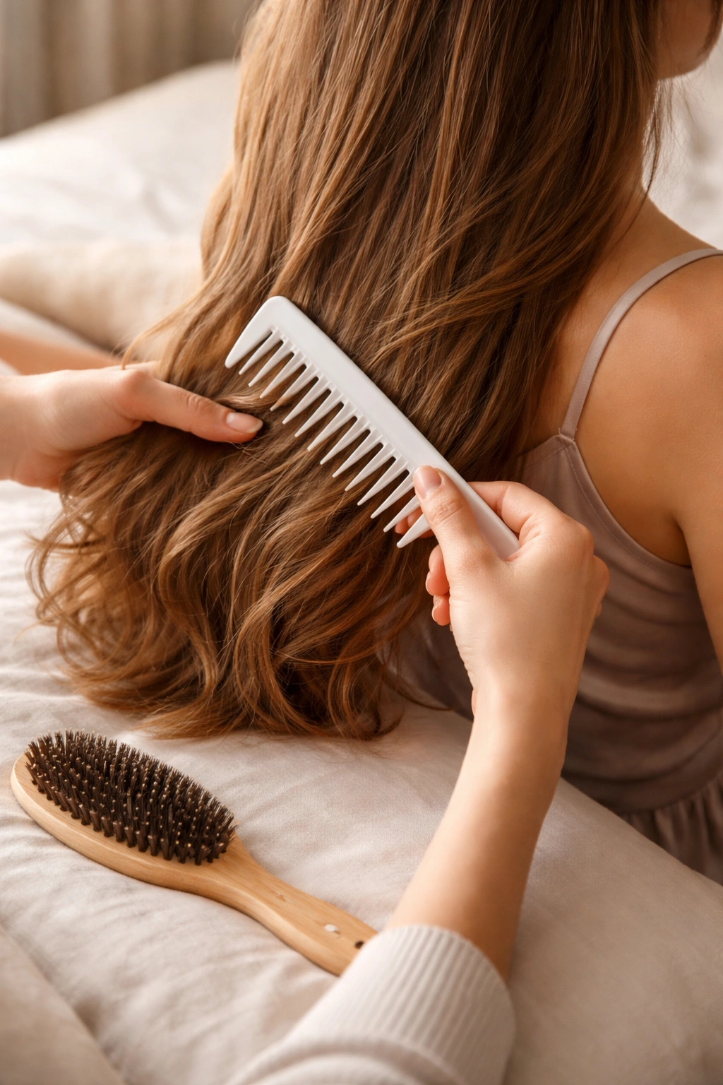 Hands detangling hair with a wide-tooth comb and boar-bristle brush on a neutral backdrop
