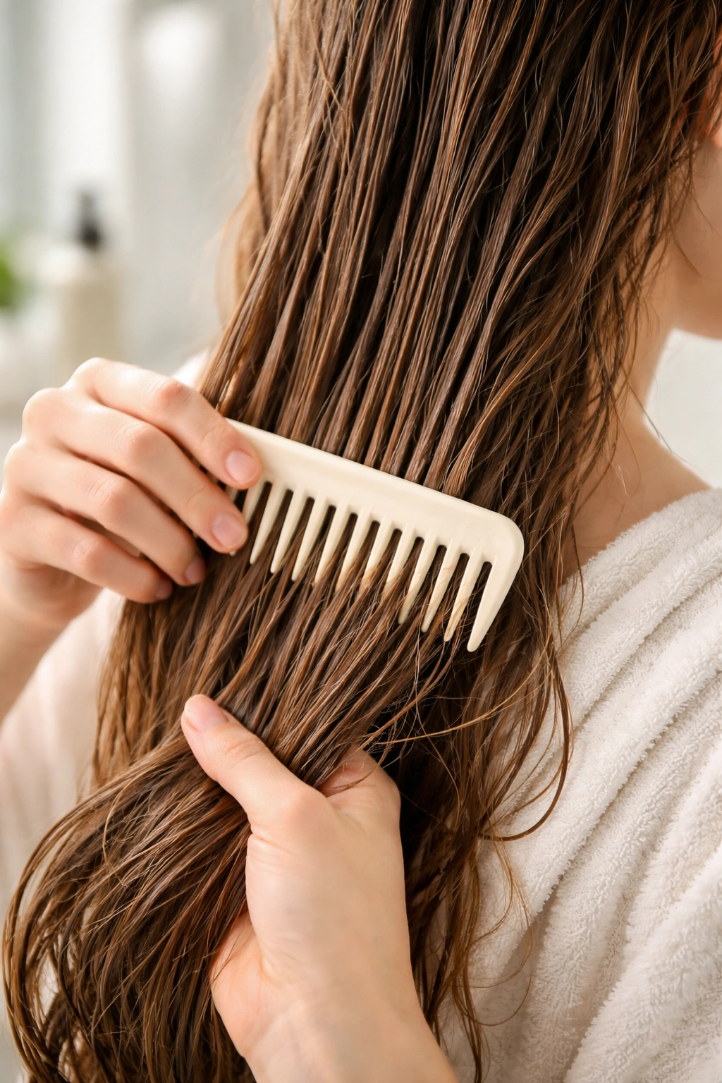 Wide-tooth comb detangling damp hair with gentle tension