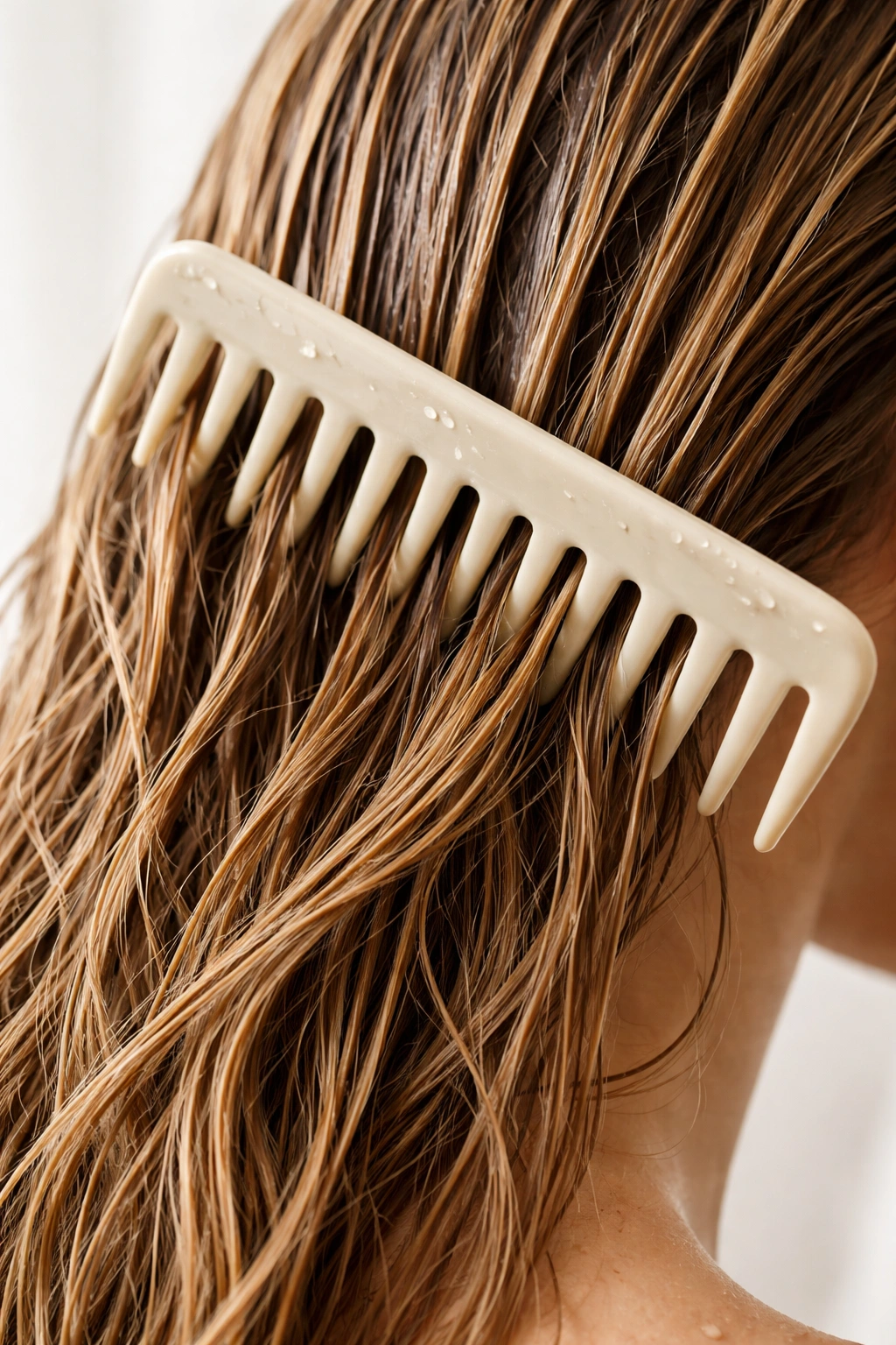 Wide-tooth comb gliding through damp hair