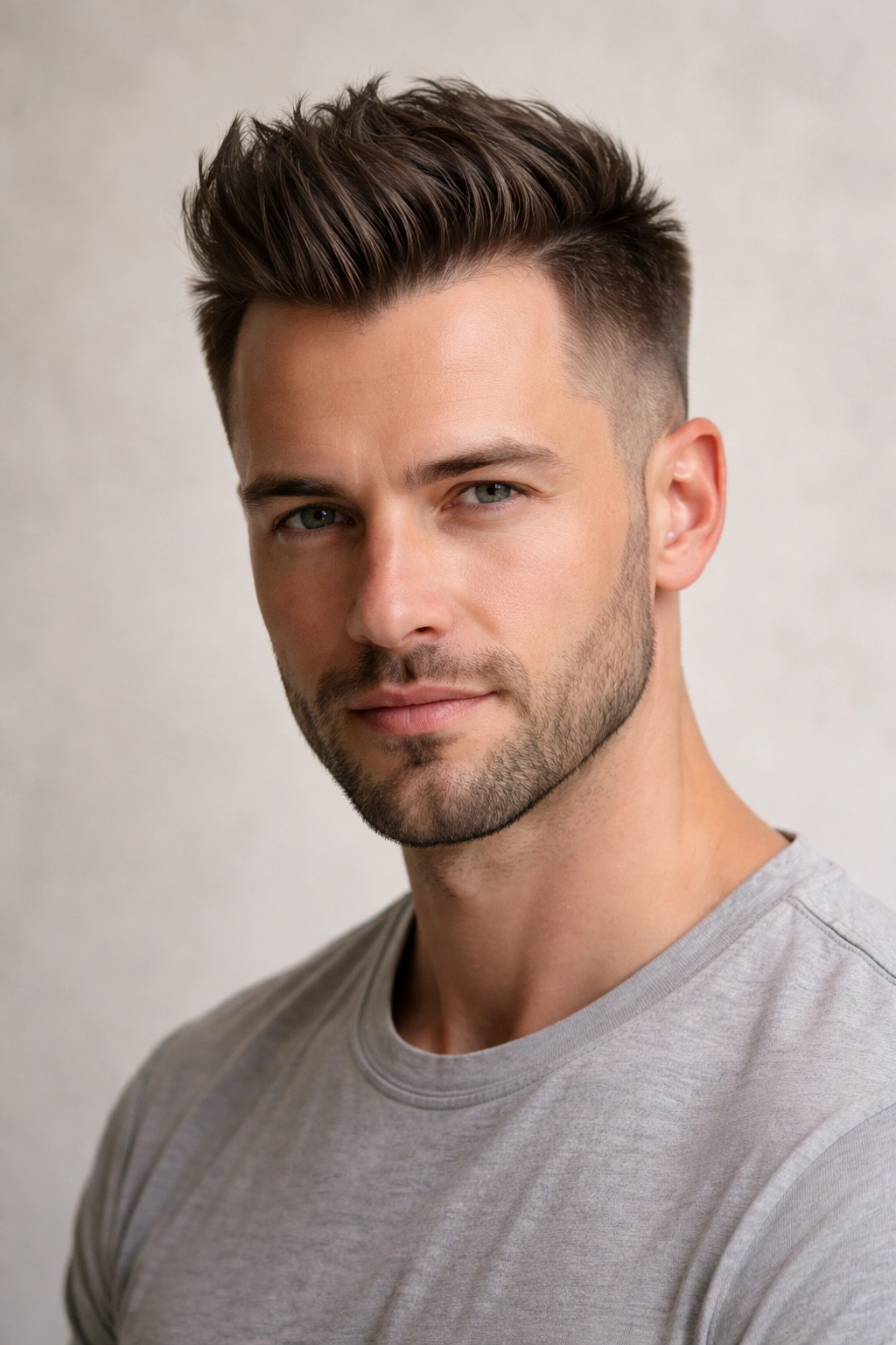 Portrait of a man showing Widow's Peak with Tapered Sides featuring a distinct V-shaped peak and short tapered sides.