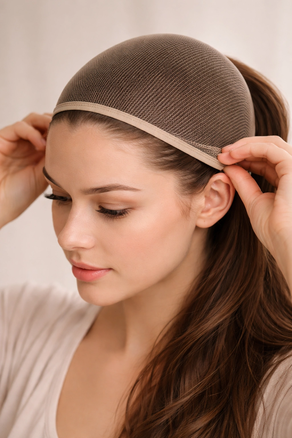 Close-up of hands placing a wig cap around the head with hair tucked back
