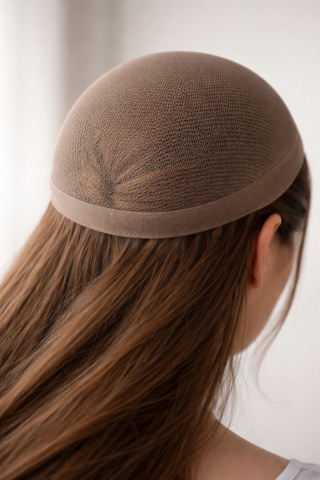 Close-up of long hair tucked under a wig cap, showing flattened foundation and crown bulk