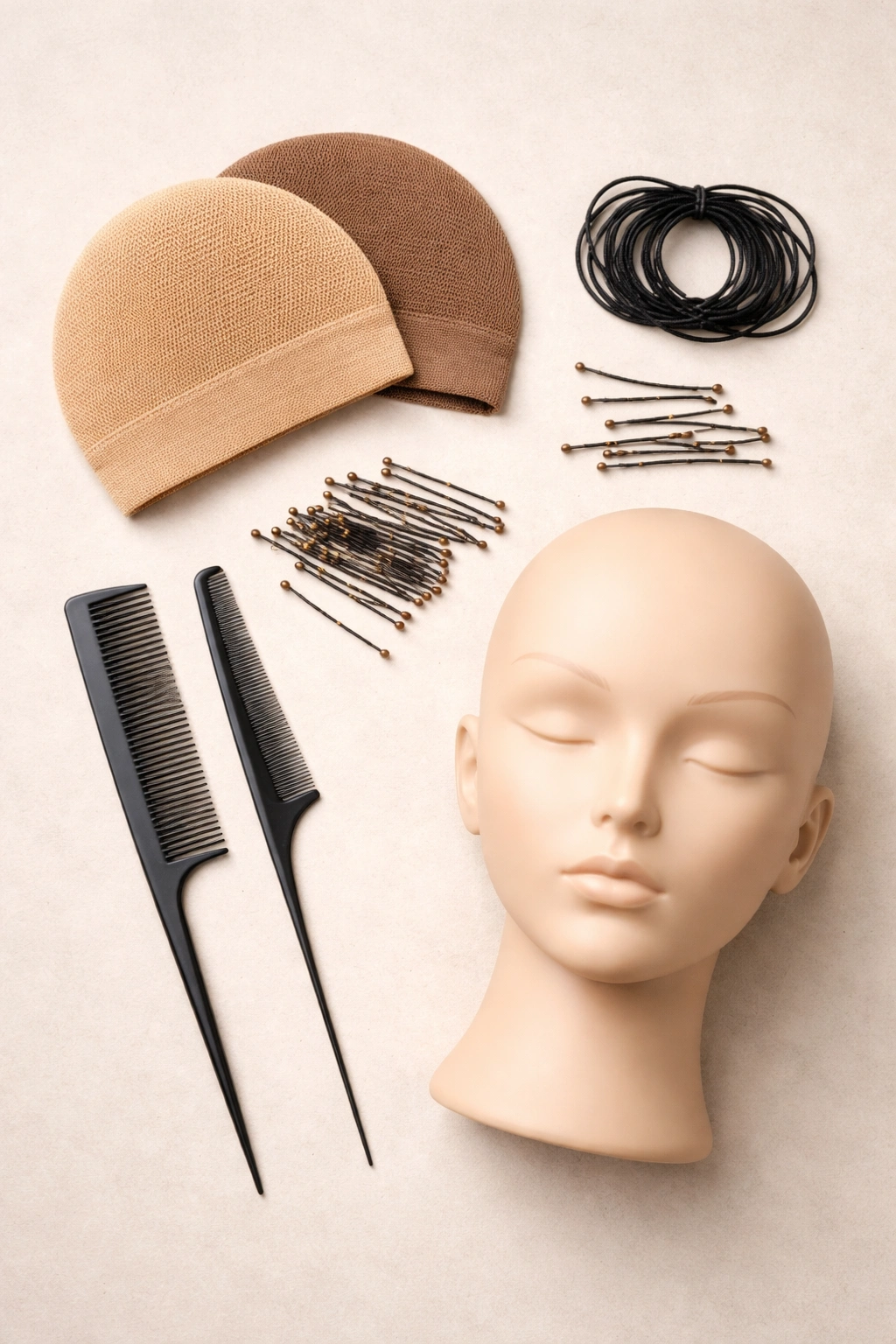 Flat lay of wig prep supplies including two wig caps, pins, elastics, and combs