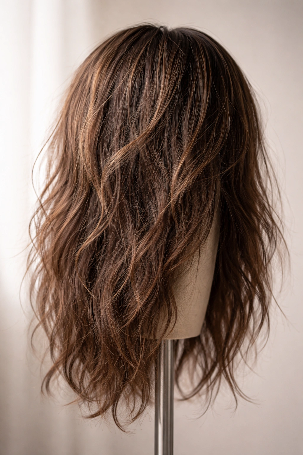 Close-up of wig on stand showing frizz and uneven texture from common washing mistakes