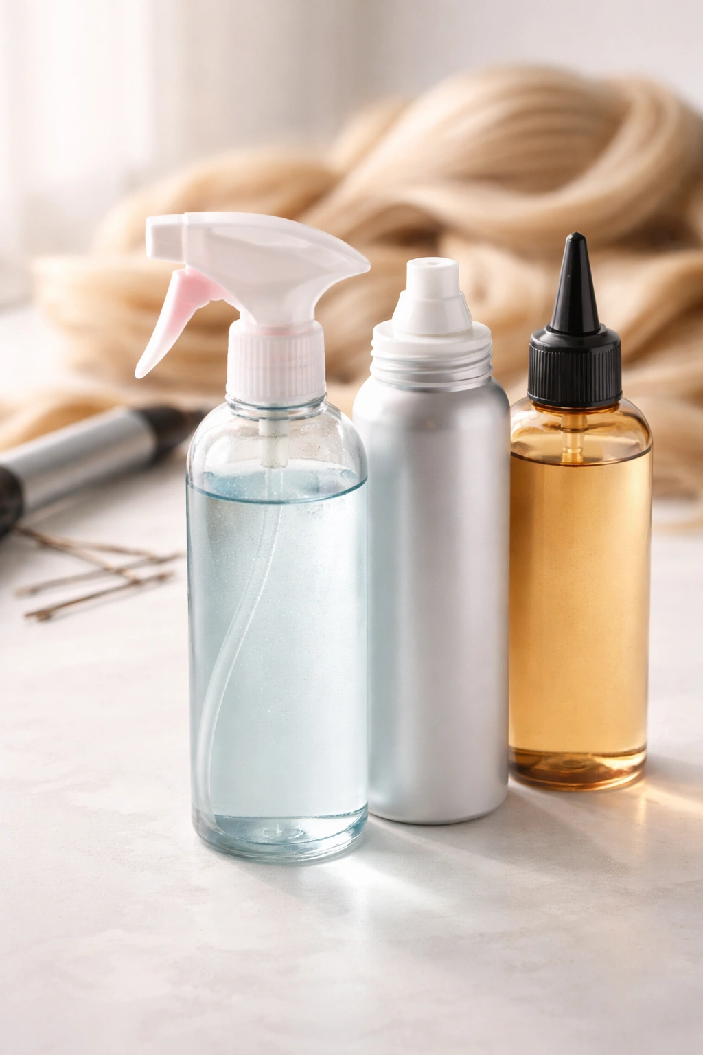 Still life of wig-safe spray, mousse, and unlabelled bottle illustrating helpful vs harmful synthetic hair products