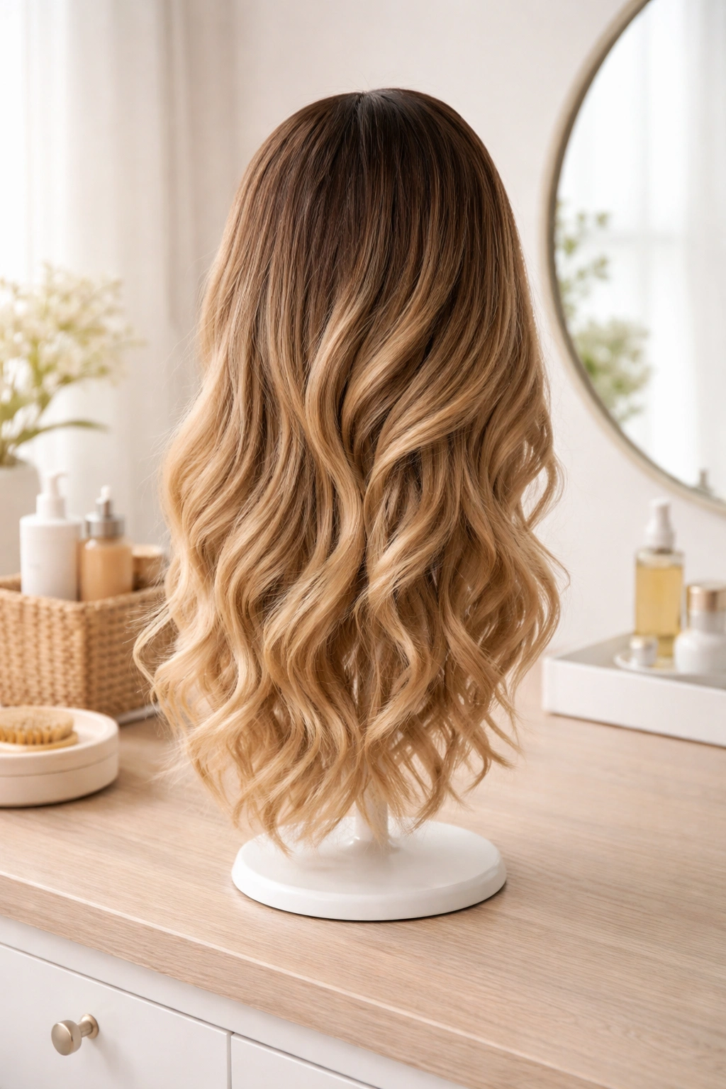 Wig on stand in a tidy room for long-term care