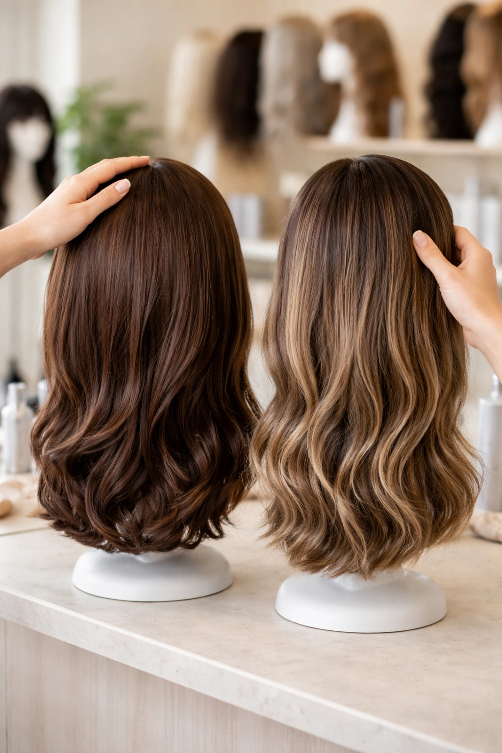Hand choosing between two wigs to weigh synthetic vs human hair options