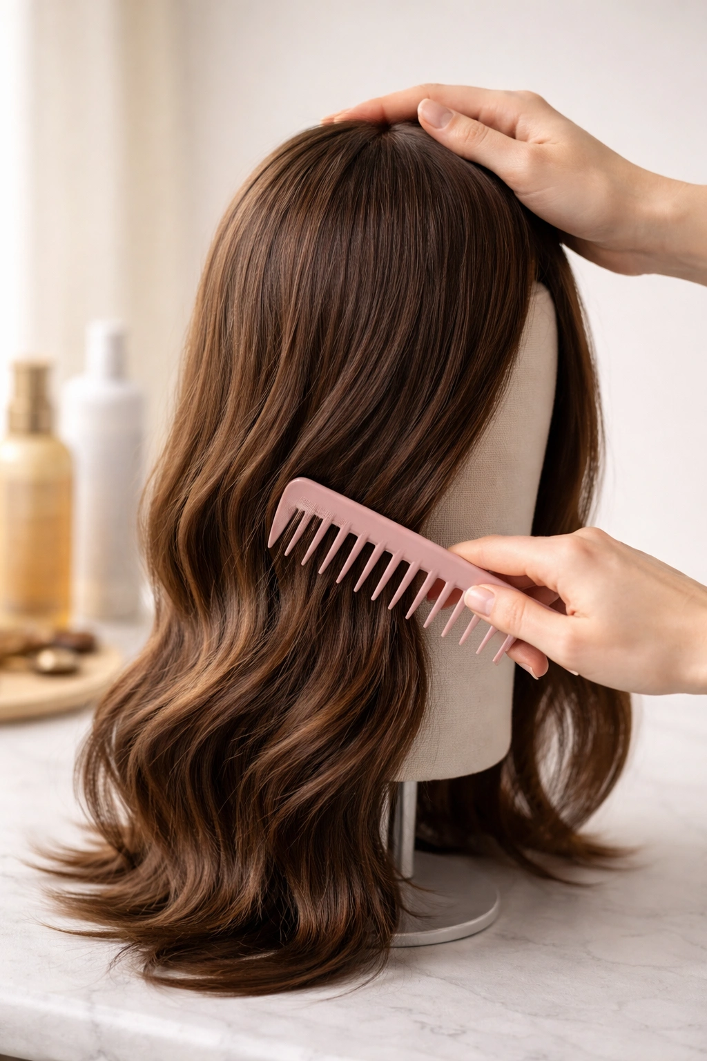Detangling a human hair wig on a stand with a wide-tooth comb