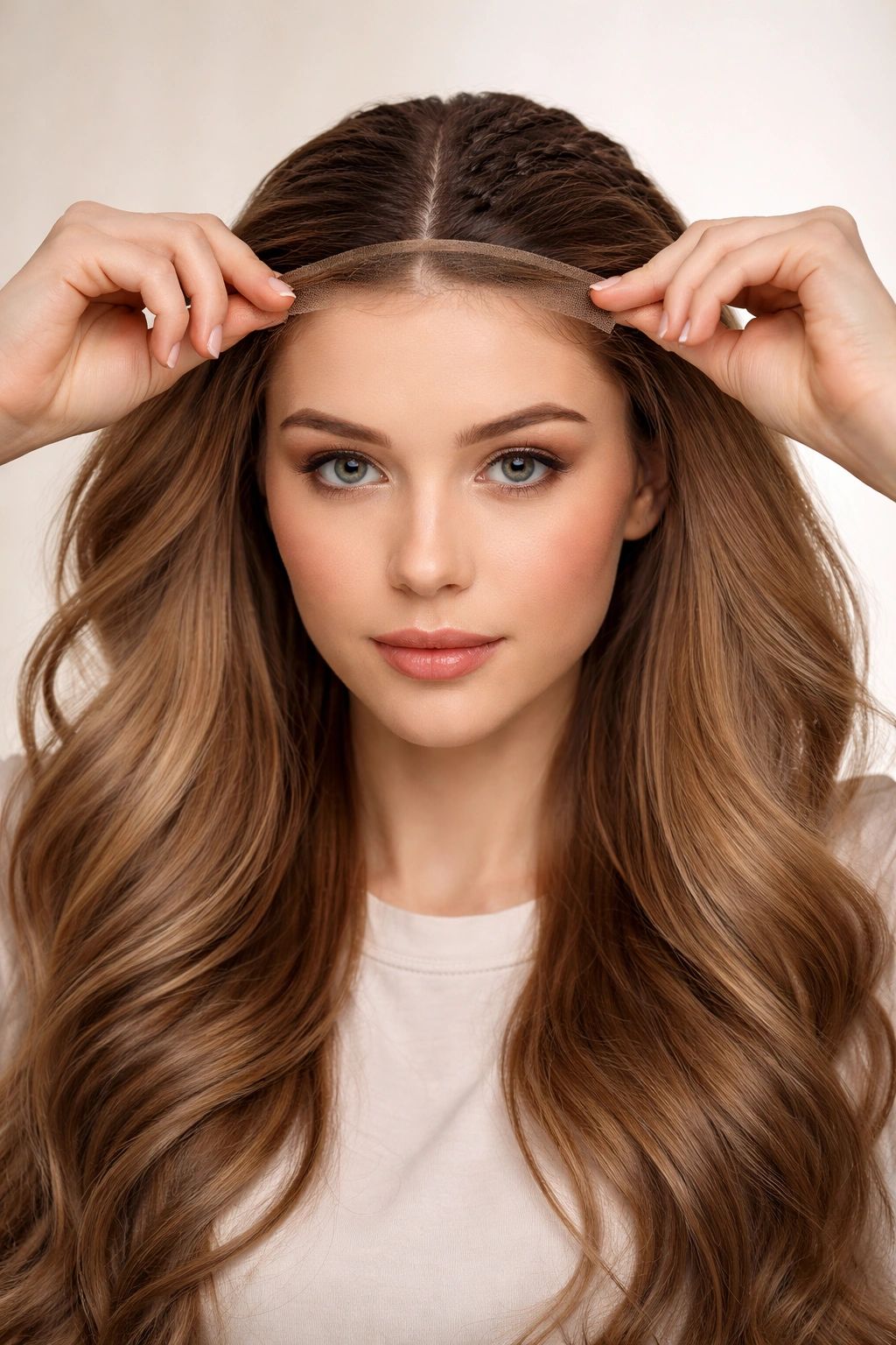 Frontal view of a wig being applied with hands guiding the edge and adjusting fit