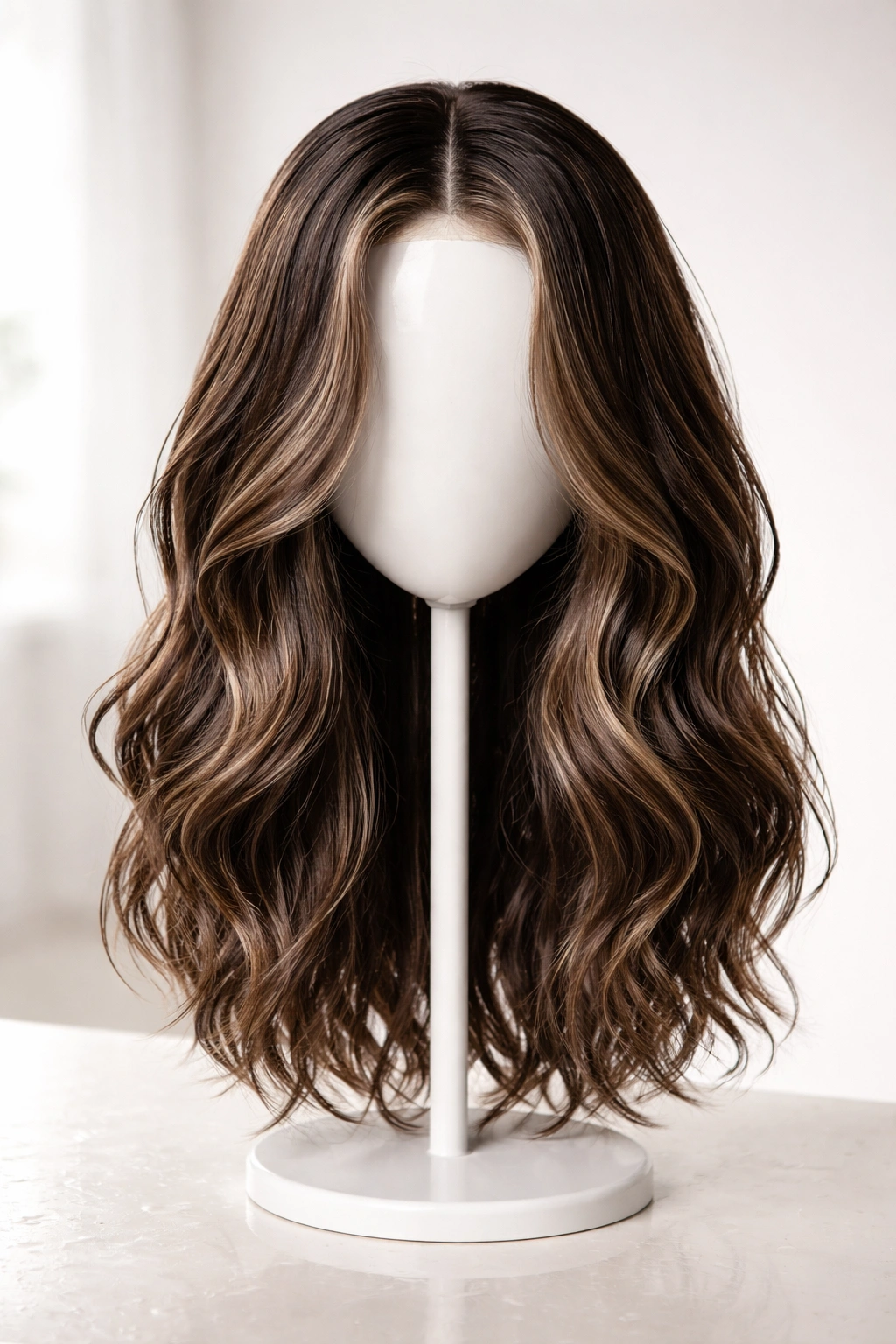 Wig on stand with slight dampness to suggest washing frequency considerations