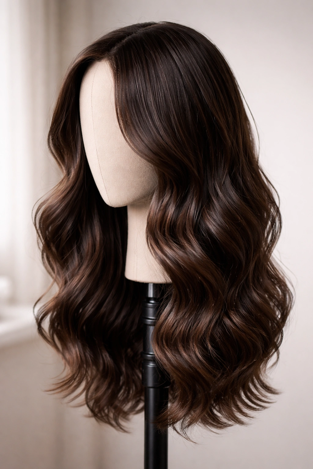 Close-up of a glossy human hair wig on a mannequin head to depict wig washing importance