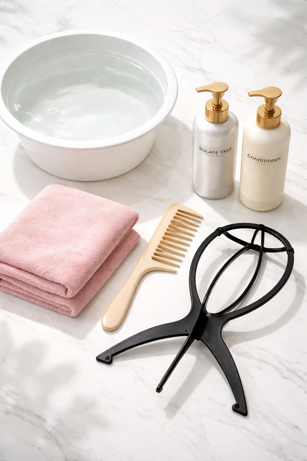Toolkit for washing a human hair wig laid out neatly on a clean surface