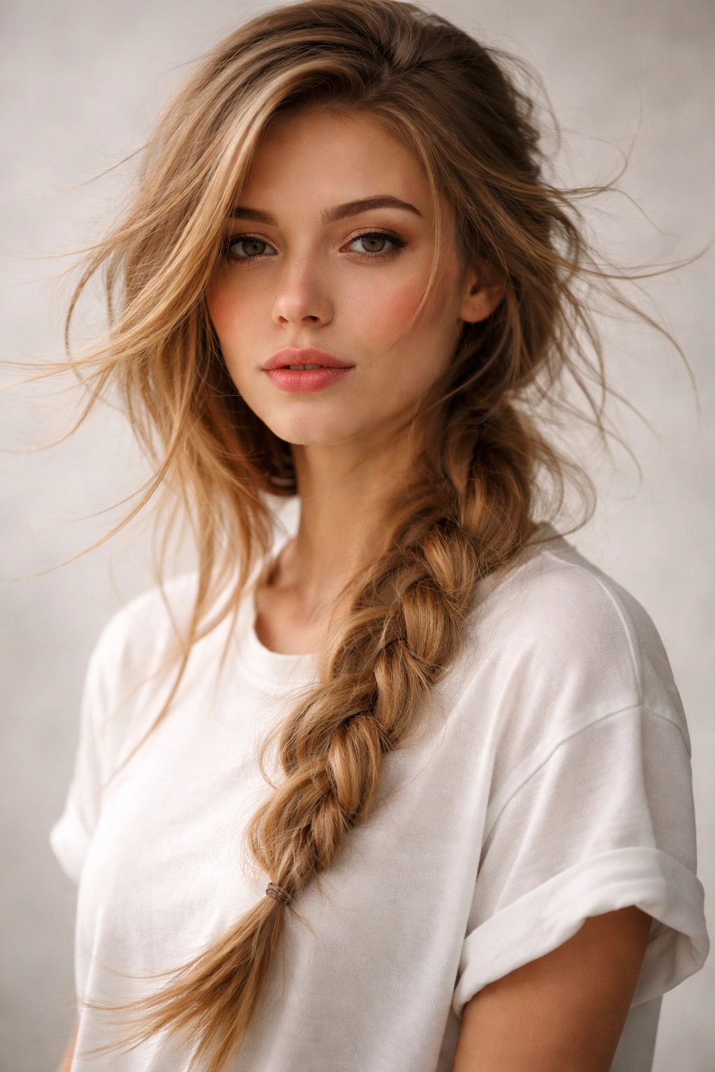 Side braid with windswept texture and loose strands along the face