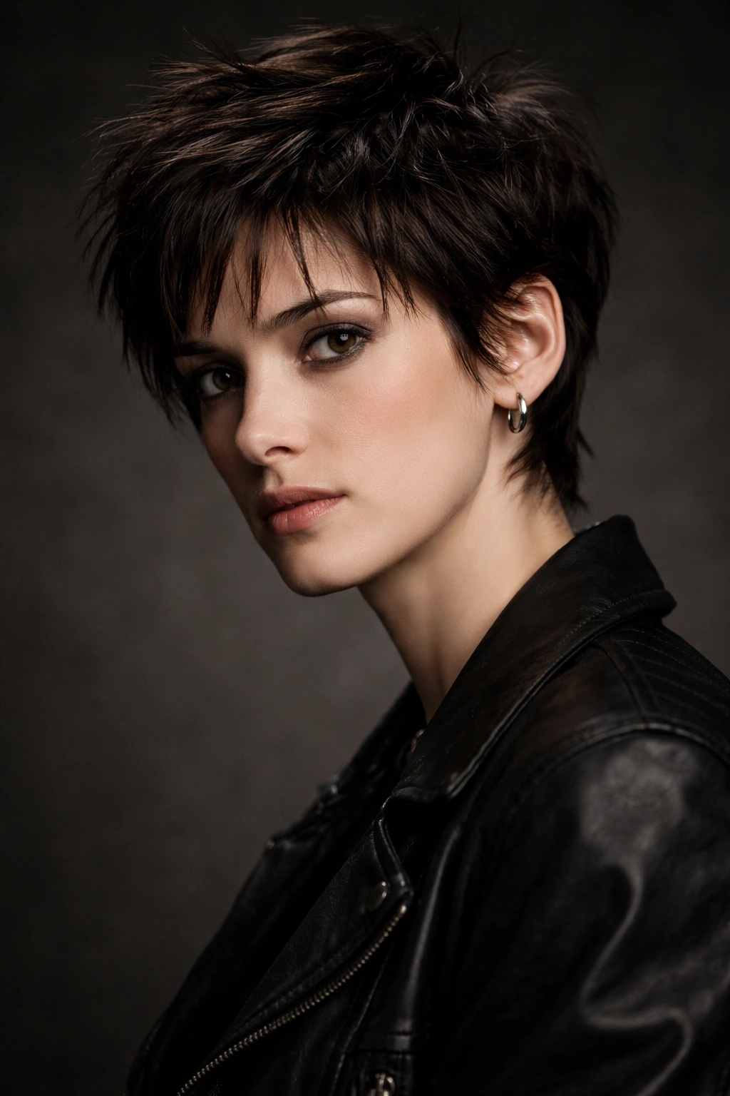Textured pixie cut on a head-and-shoulders portrait with wispy bangs