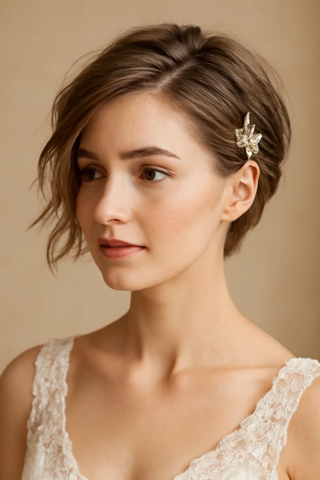 Getting Married With Short Hair? 10 Bridal Looks 7 Close-up of a bridal hairstyle featuring wispy face-framing layers and a decorative side pin.