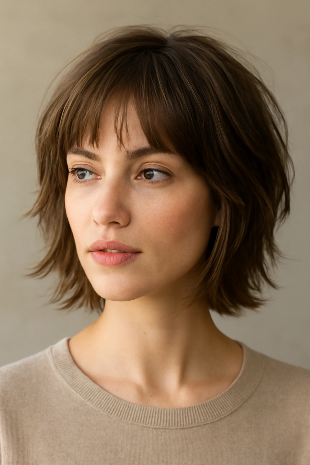 Wispy face-framing bangs with bixie layers in a head-and-shoulders portrait