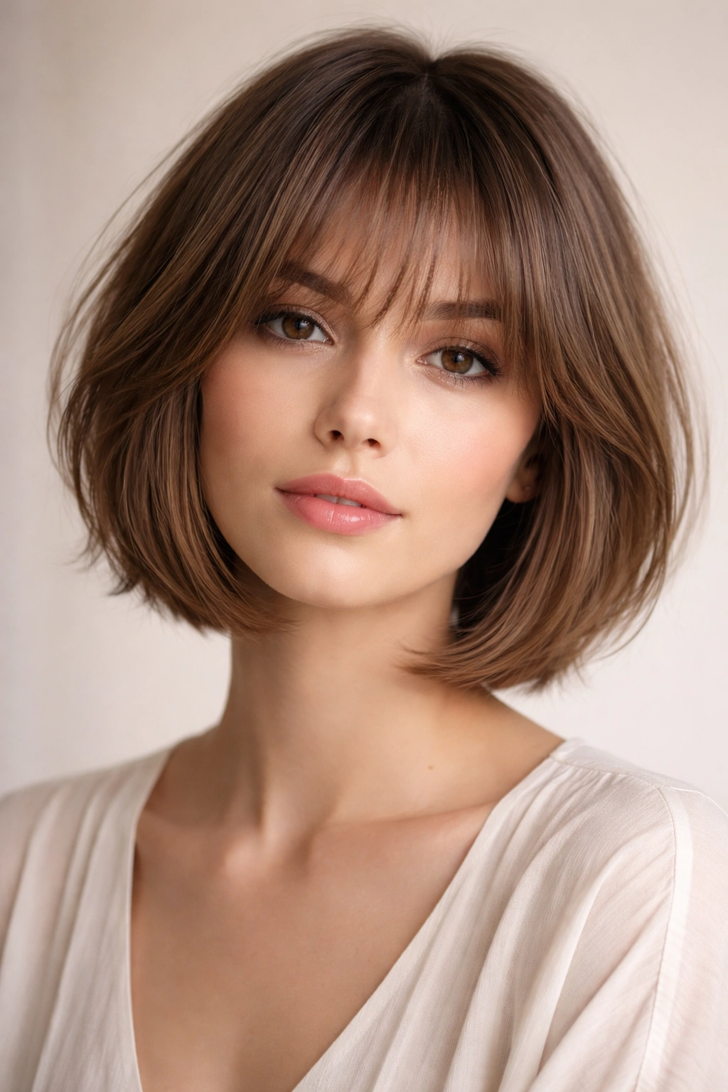 Chin-length bob with soft wispy bangs blending into face-framing layers.
