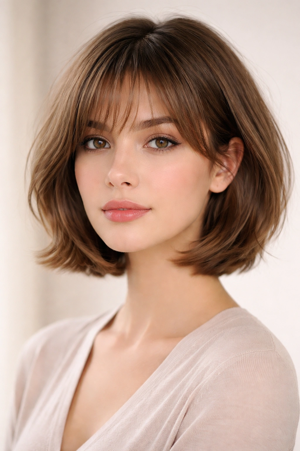 Close-up portrait of a person with a chin-length wispy bang bob on a heart-shaped face