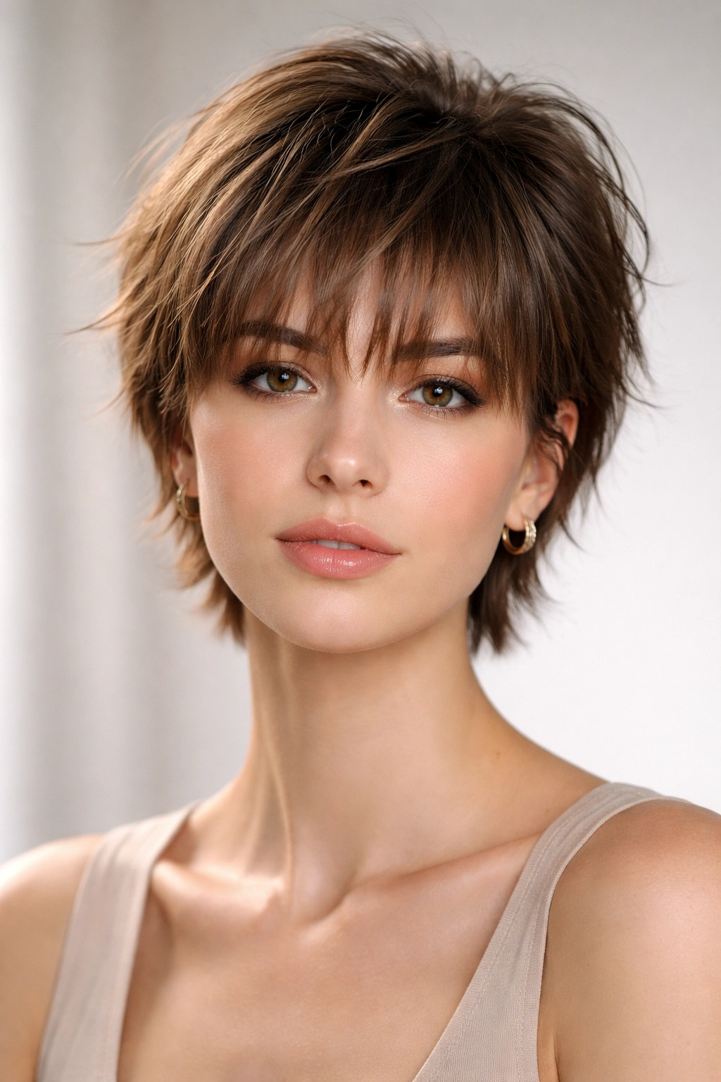 Front view of short hair with wispy bangs and a shorter crown