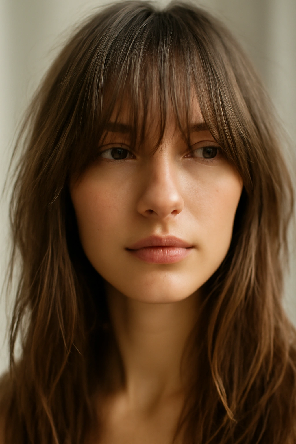 Close-up of long wispy bangs grazing the eyes with feathered texture