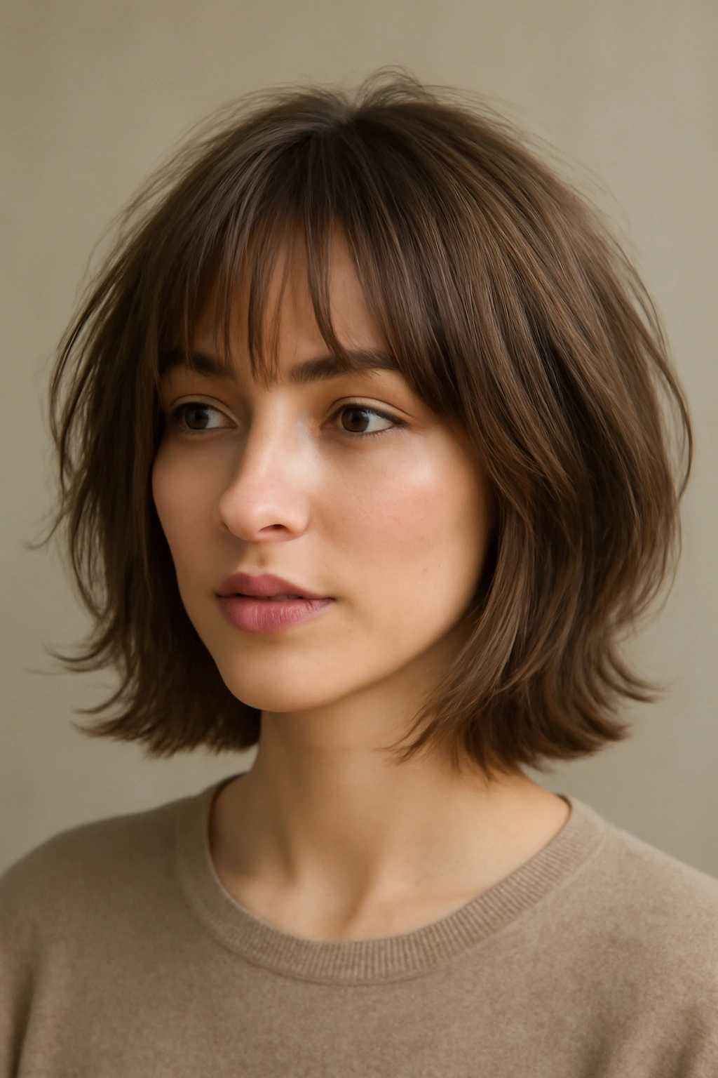 20 Bob Haircut Ideas From Short To Long Lengths 18 Close-up of a layered bob with soft wispy bangs grazing the eyebrows