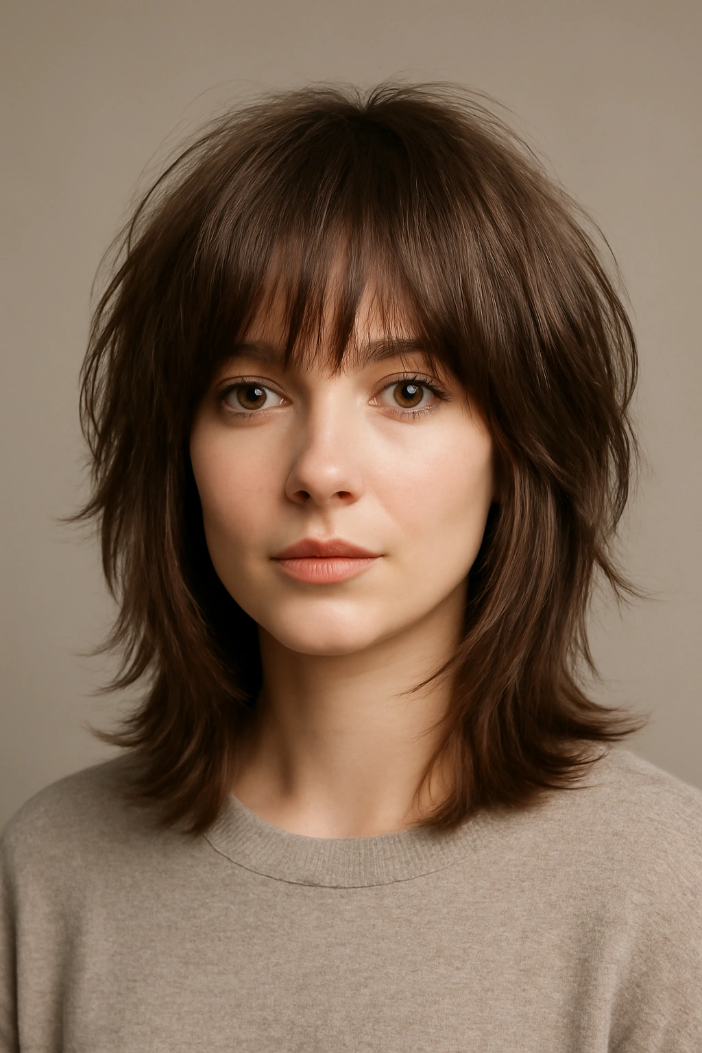 Model with wispy bangs and layered cut showing volume