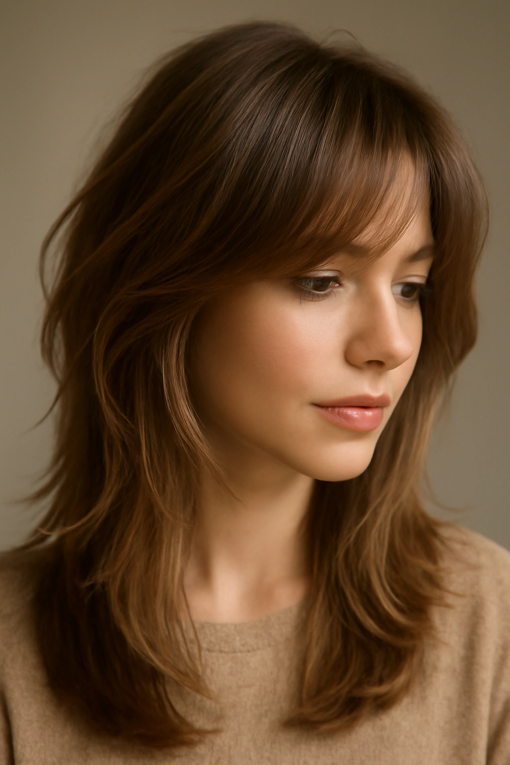 20 Layered Styles That Instantly Elevate Your Look 8 Close-up of wispy bangs blending into layered hair with soft light