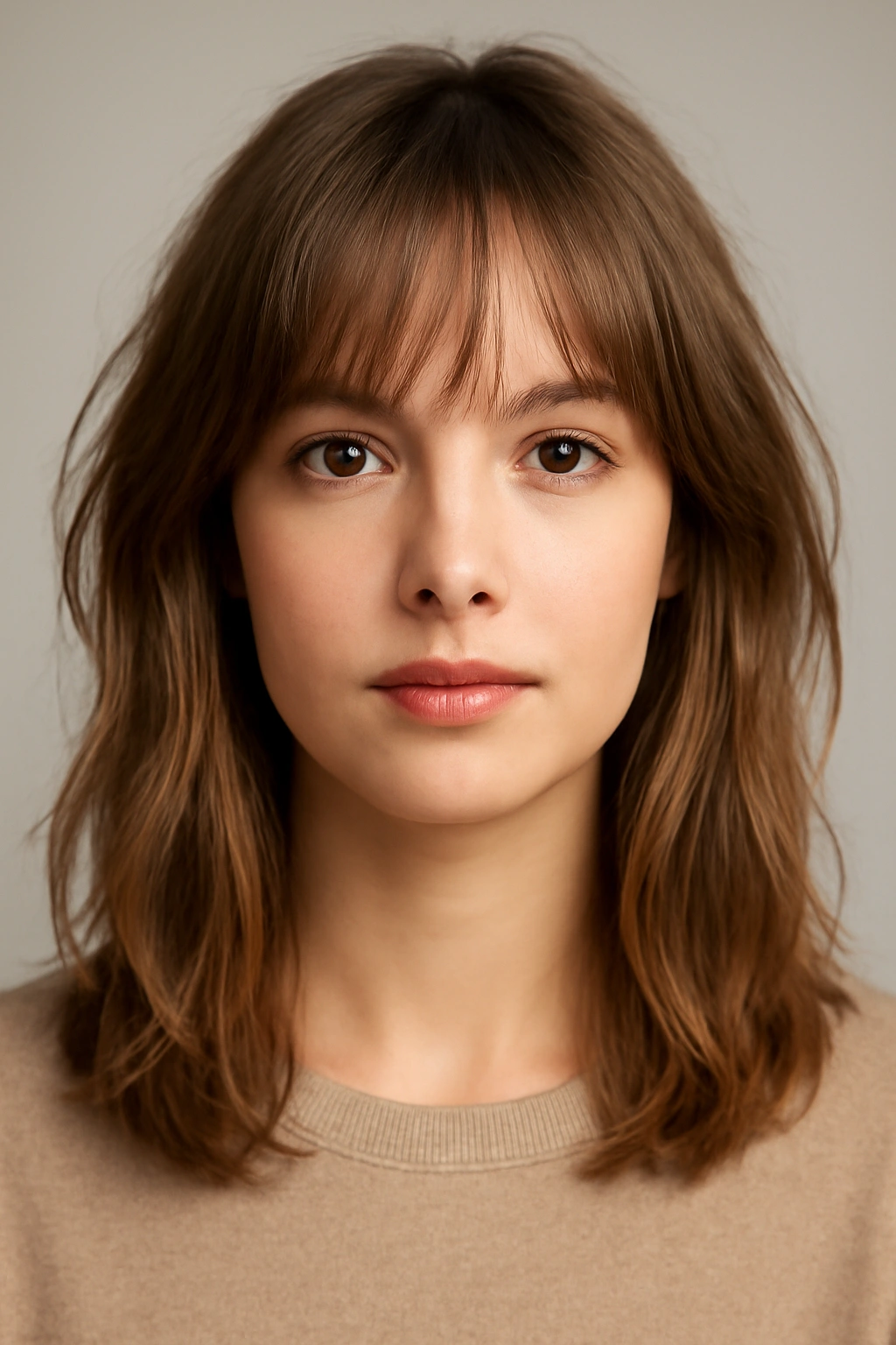 Front view with wispy bangs and face-framing layers