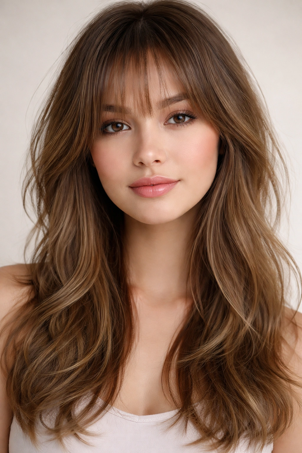 15 Hairstyles For Round Faces You Ll Want To Copy 10 Model with wispy bangs and layered hair framing the face softly