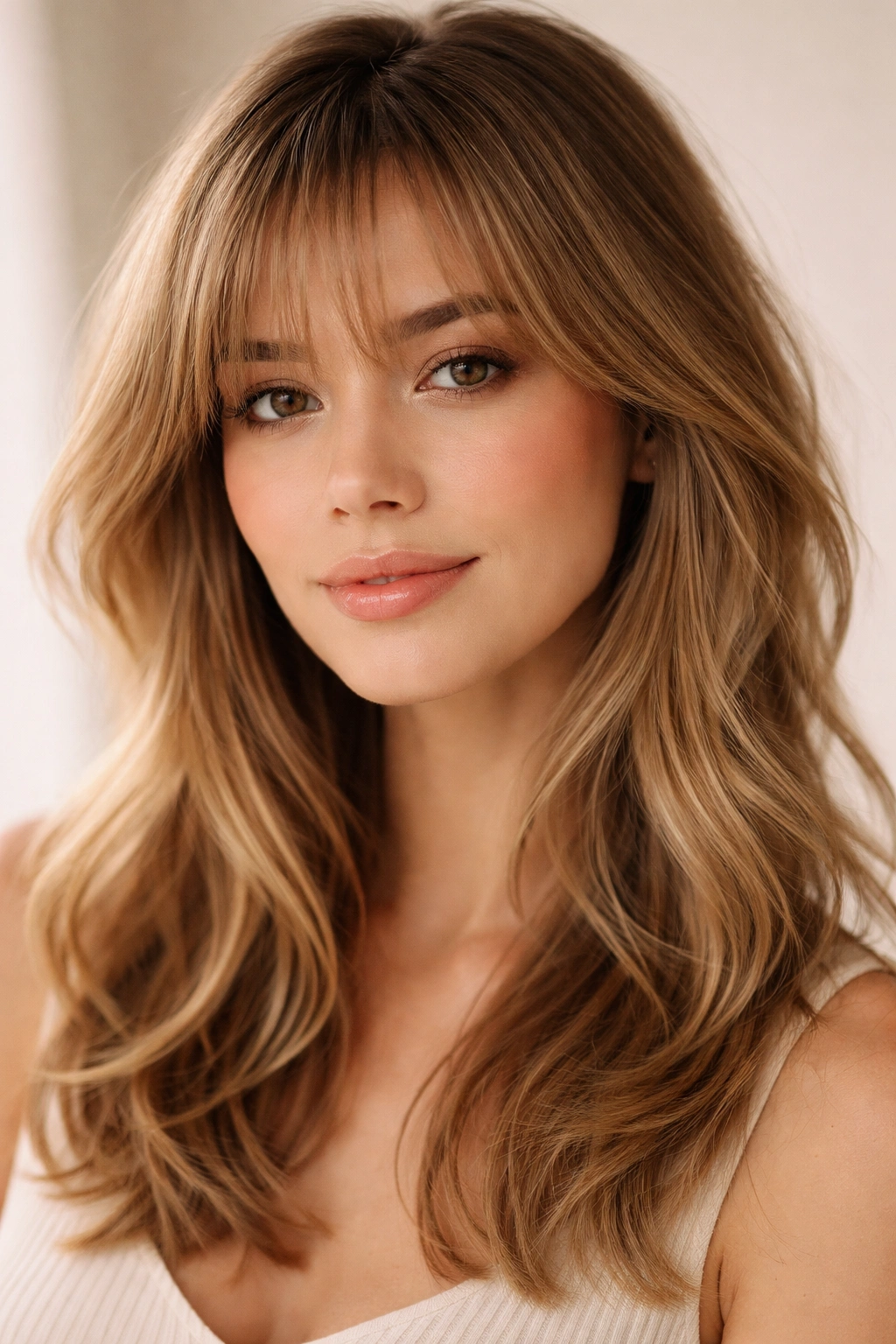 Face-framing wispy bangs with light layers