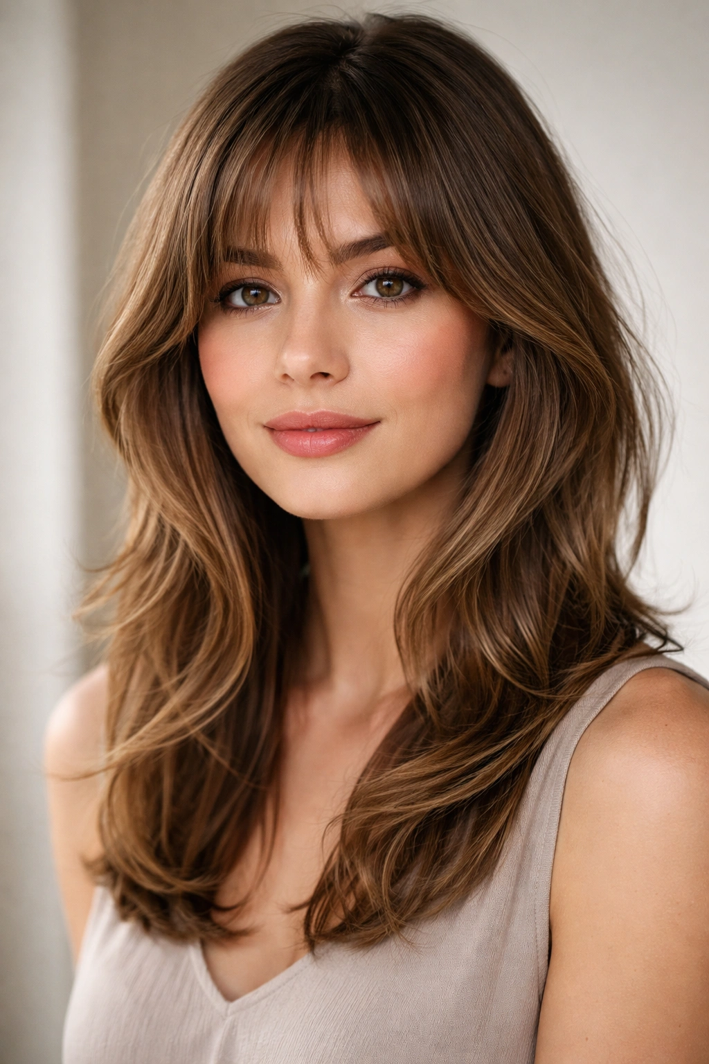 20 Medium Hairstyles With Bangs For Any Face 1 Close-up of medium-length hair with wispy angled bangs and layered texture.