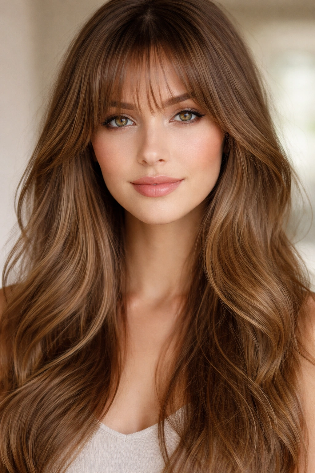 15 Flattering Hairstyles For Long Oval Faces 10 Long hairstyle with wispy bangs blending into hair.