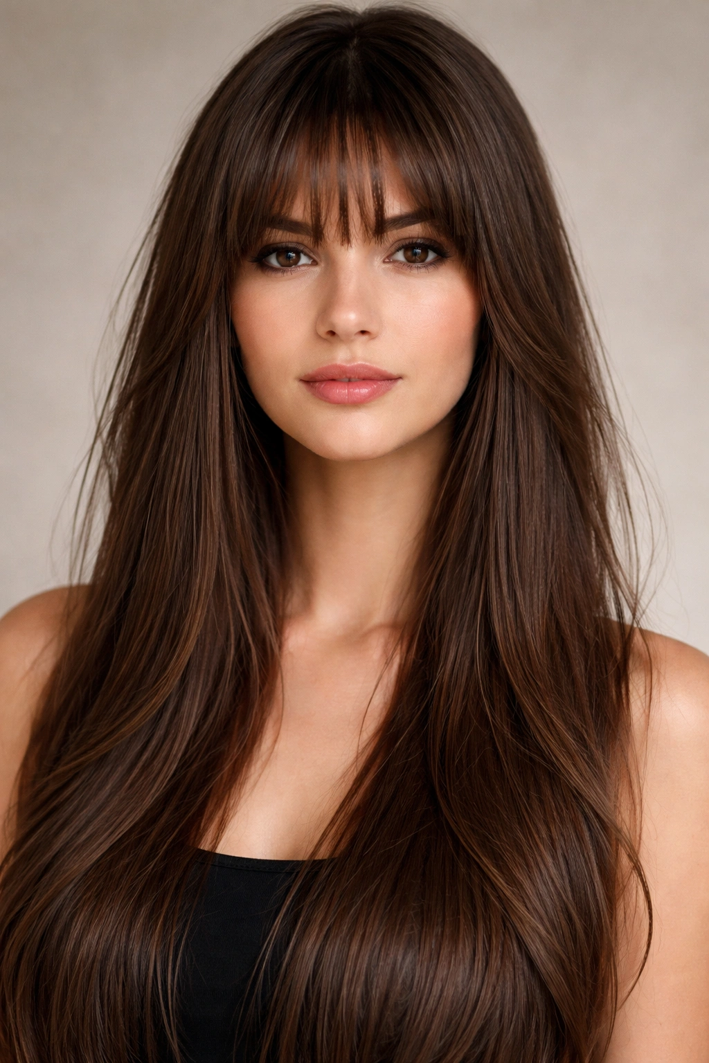 Long straight hair with thick wispy bangs in a studio portrait