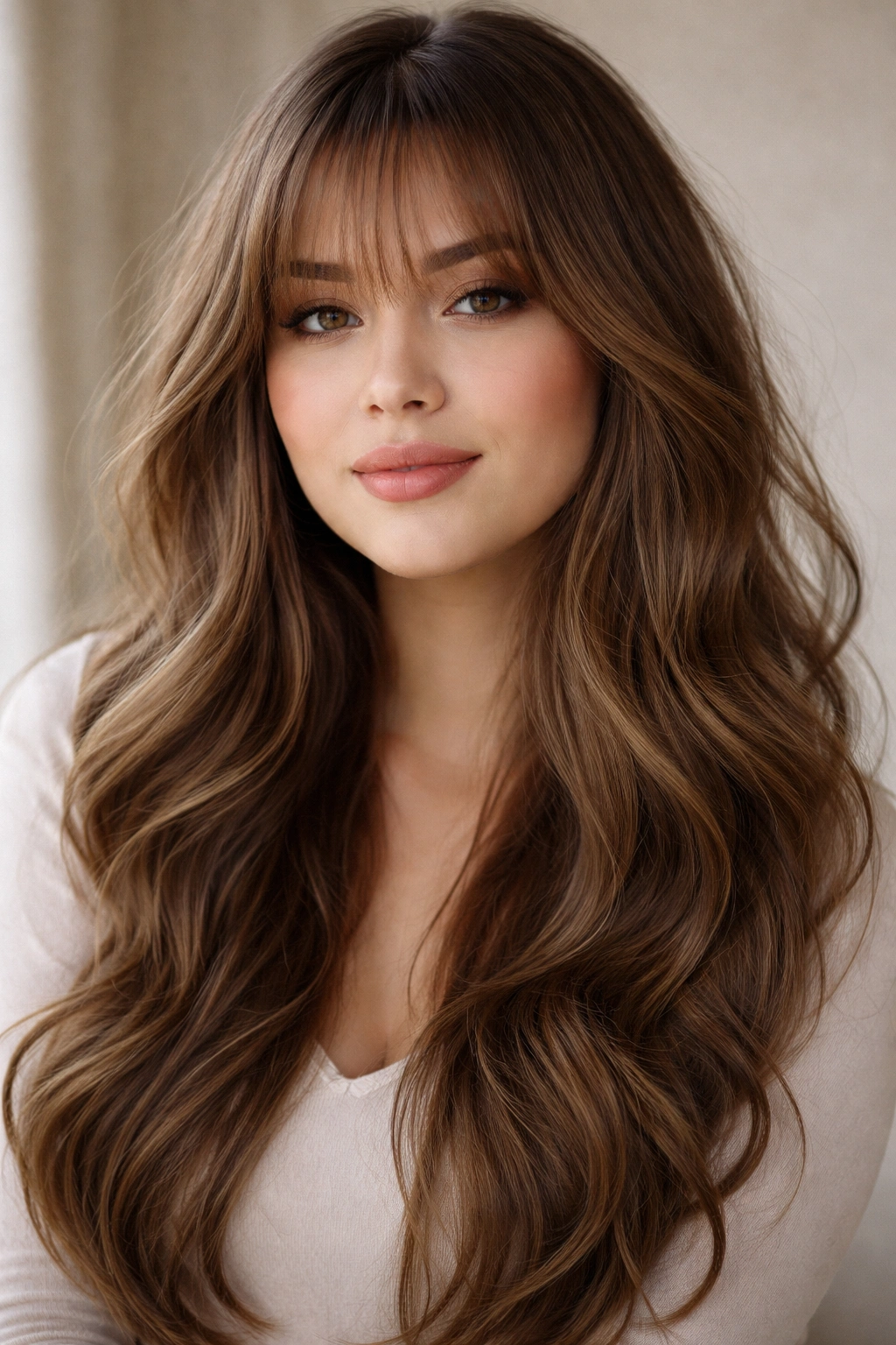 15 Hairstyles That Beautifully Flatter Round Faces 8 Model with wispy bangs and long hair framing the face in a soft textured style.