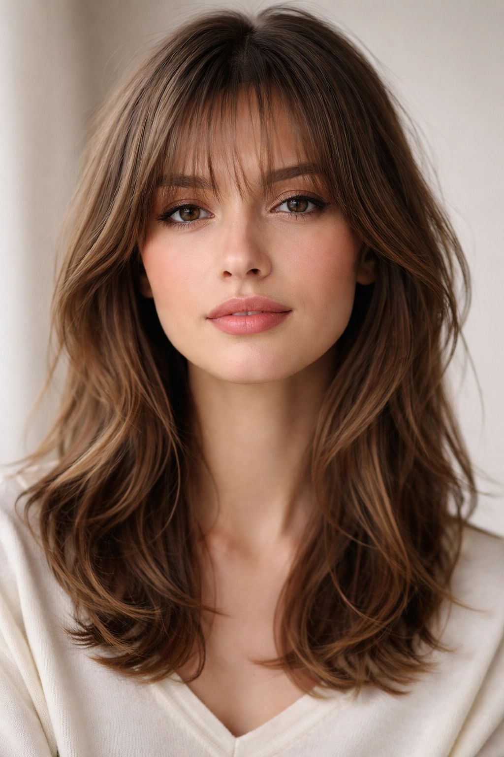 Close-up portrait showing wispy bangs with feathered ends on medium-length hair