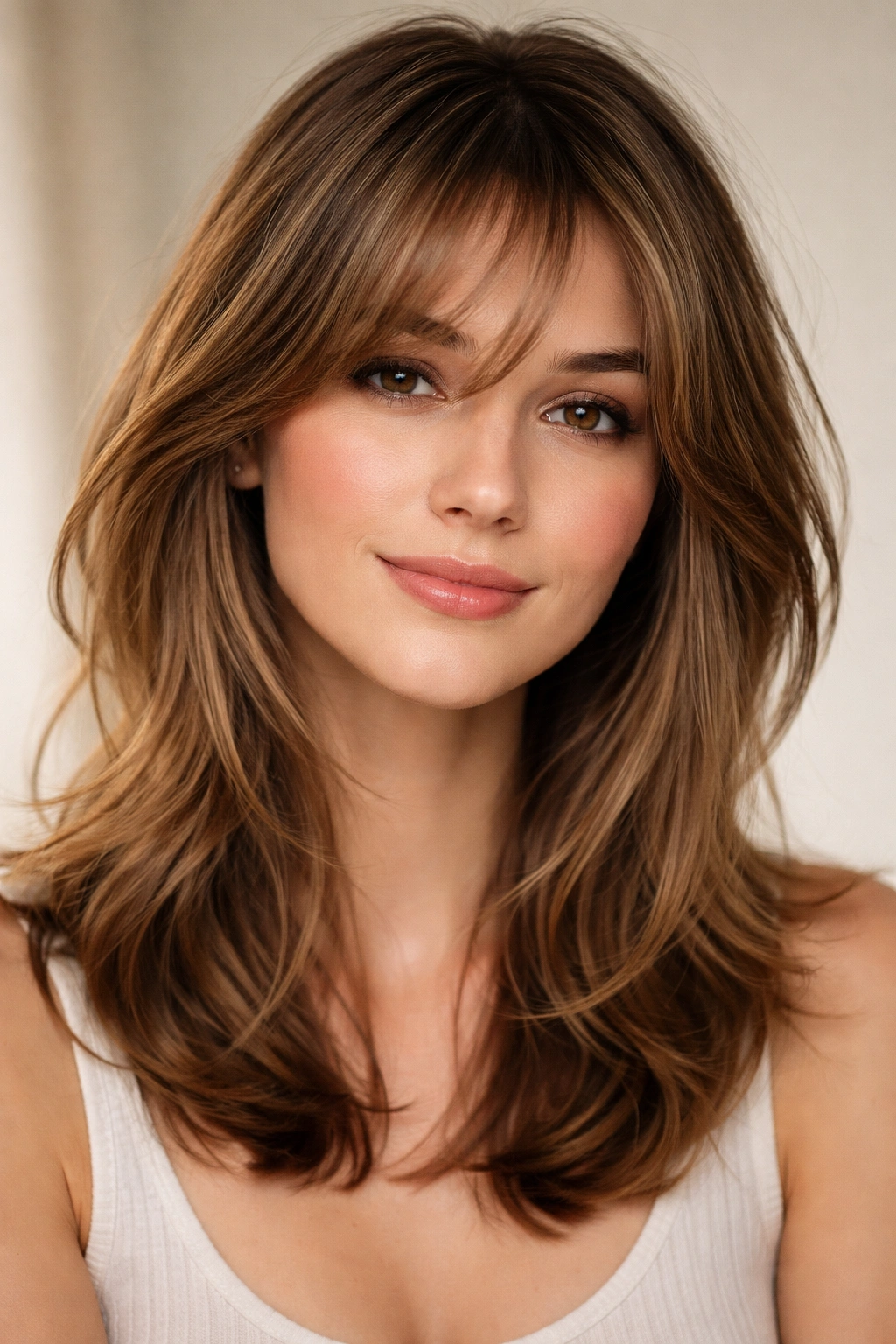 15 Bang Styles That Pair Well With Medium Hair 1 Close-up portrait of a person with wispy side-swept bangs on medium-length hair