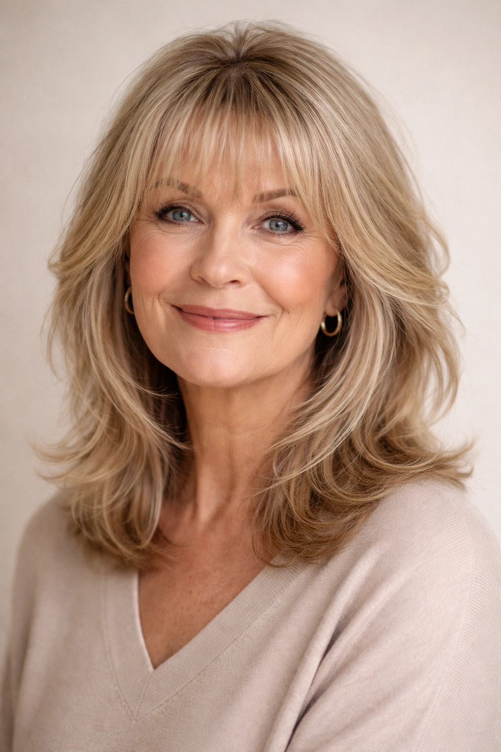 Portrait of a woman with wispy bangs and shoulder-length medium layers, highlighting texture and face-framing layers.