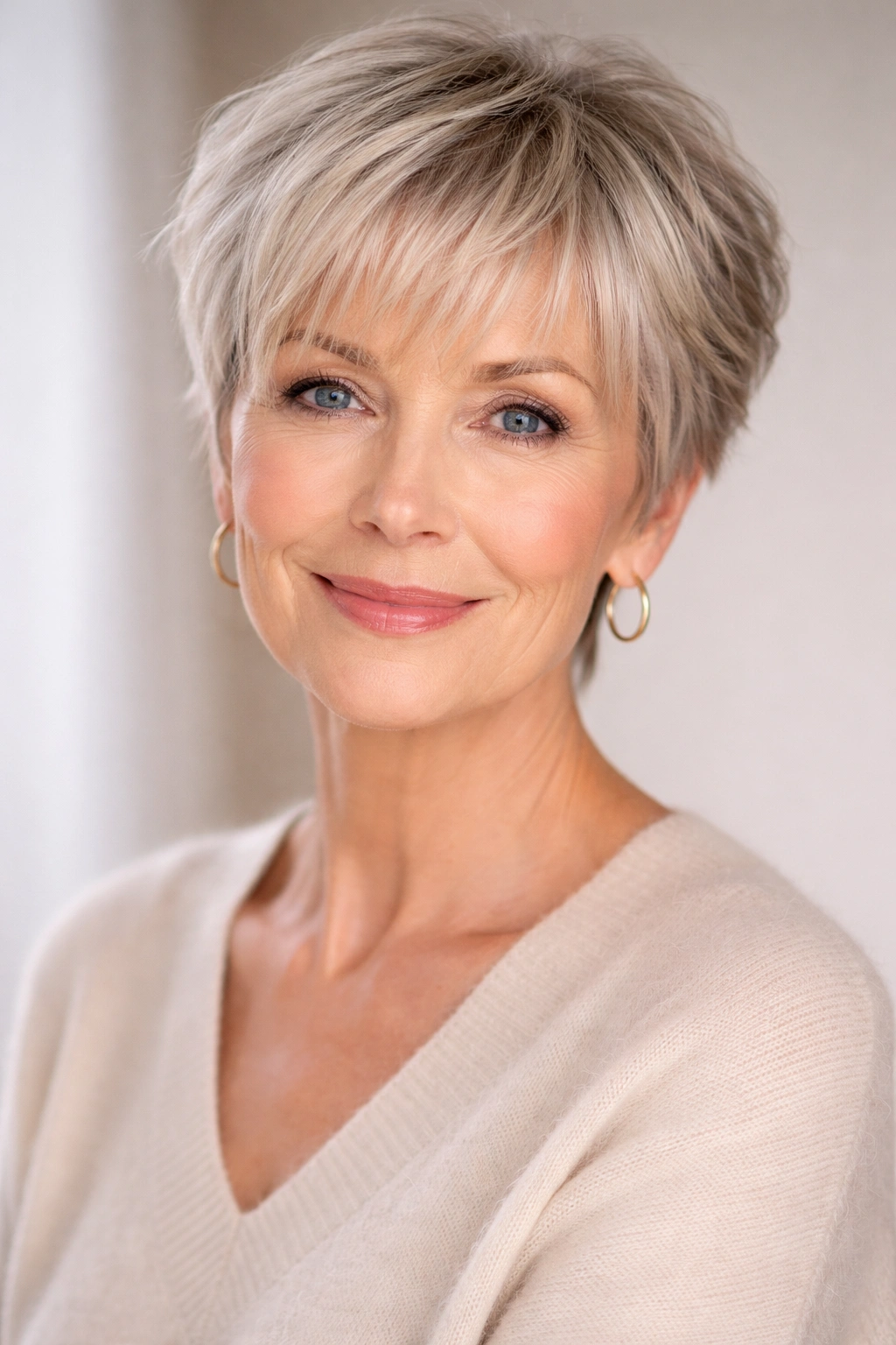 Wispy ultra-light bangs on a pixie cut; delicate fringe framing face
