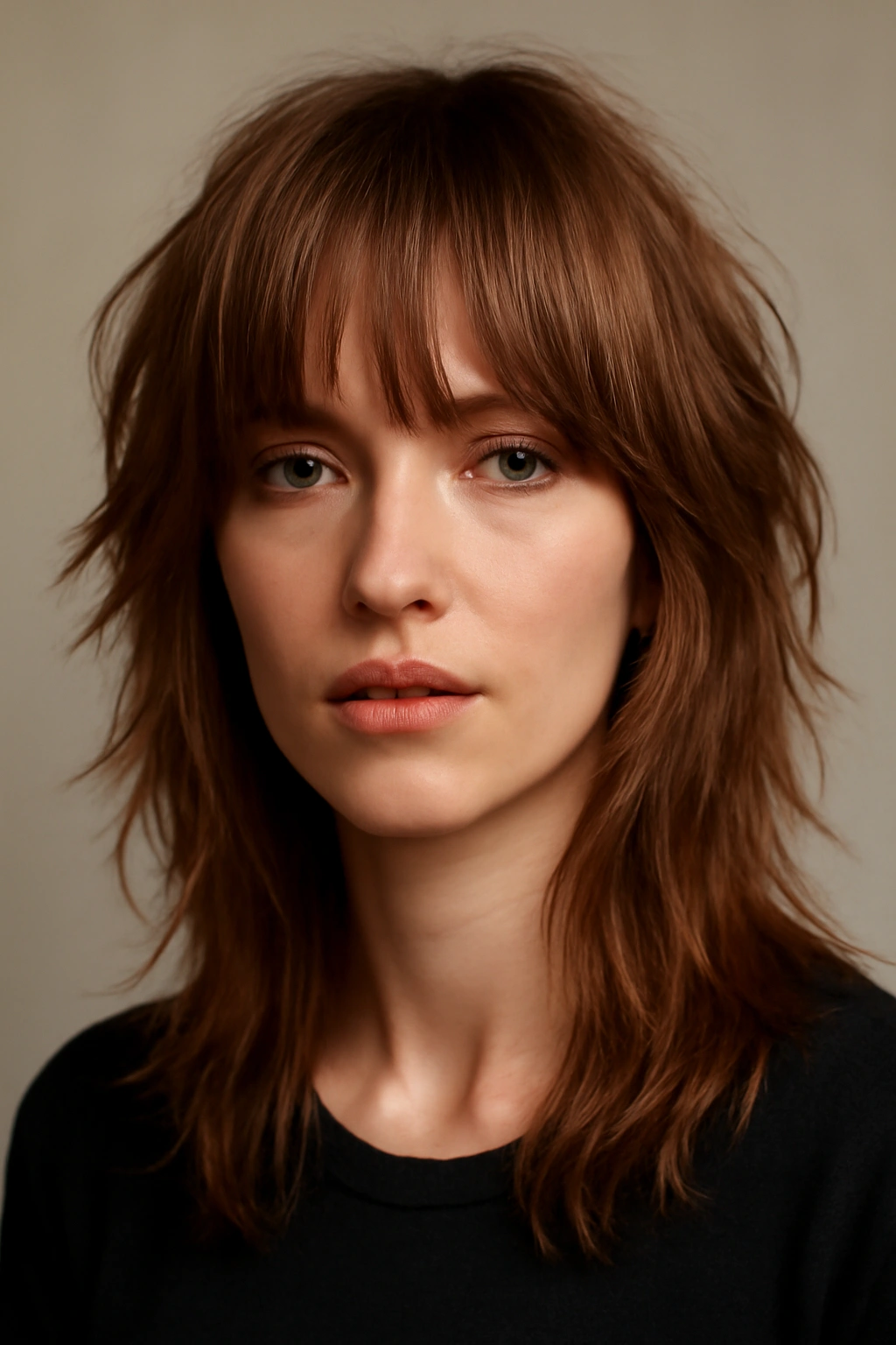 Wispy bangs with shag layers hairstyle on a model.