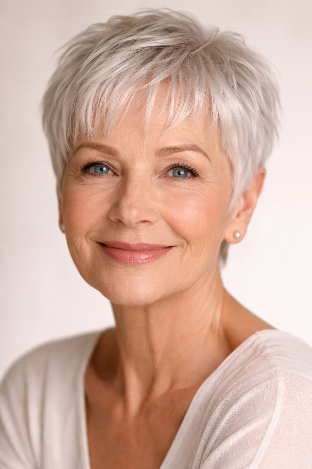 Close-up of a silver-haired woman with a short crop and wispy bangs