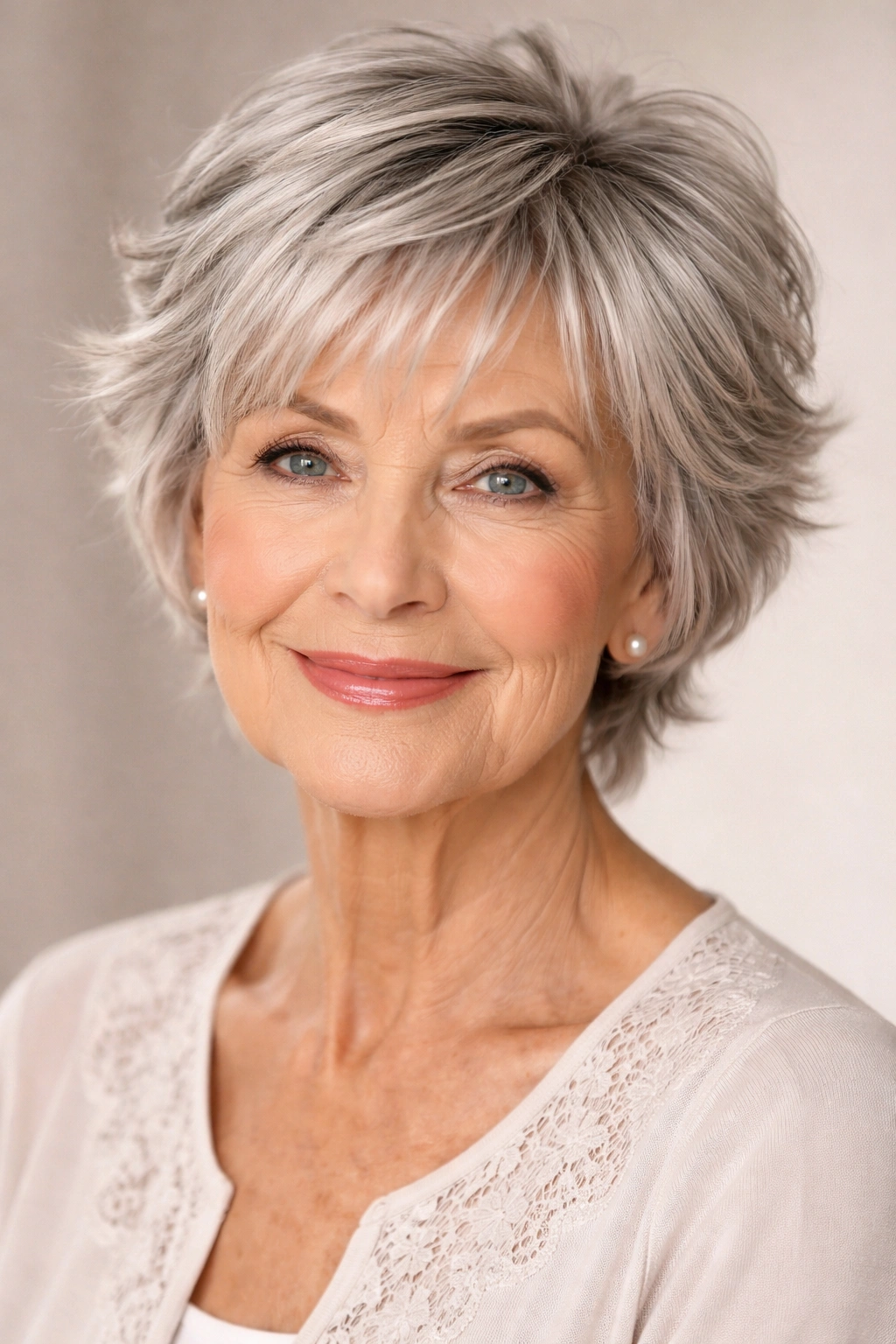 Senior woman with wispy bangs and short layered hair