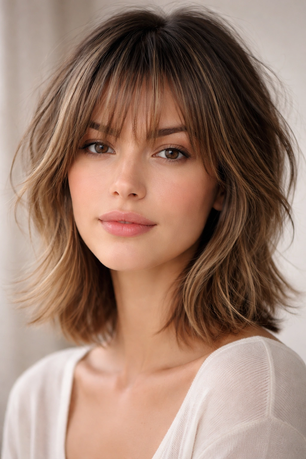 Close-up of wispy bangs grazing eyebrows with short layered texture