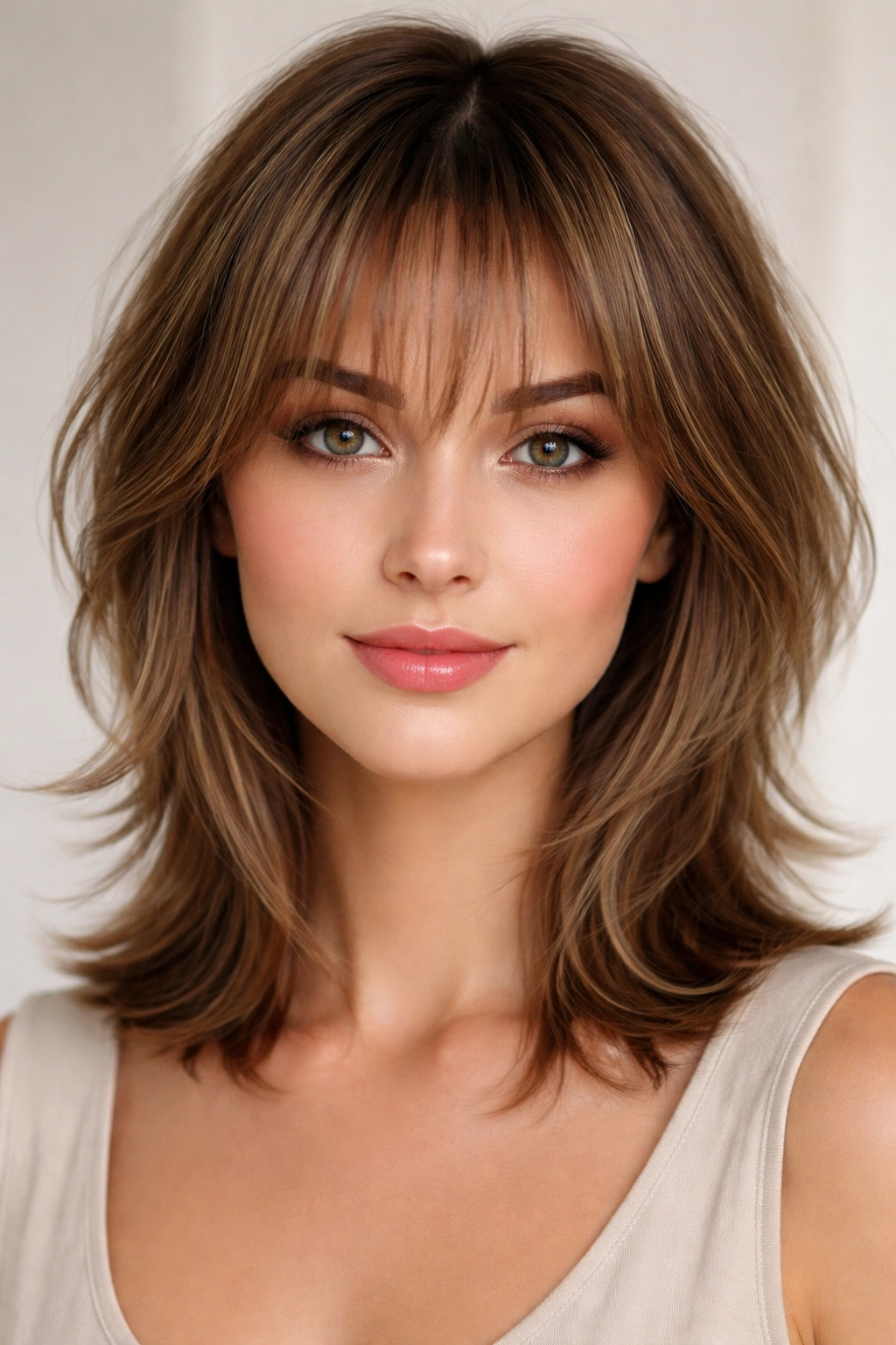 Front view of wispy bangs with short layered hair framing a heart-shaped face