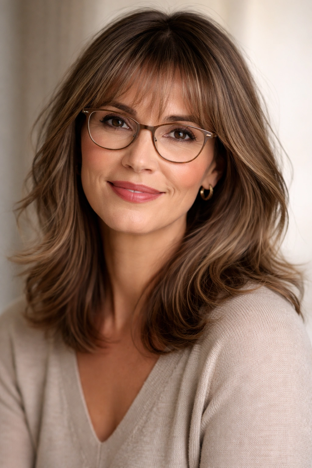 15 Hairstyles For Women Over 40 Who Wear Glasses 13 Woman with wispy bangs and shoulder-length hair wearing glasses in a studio portrait
