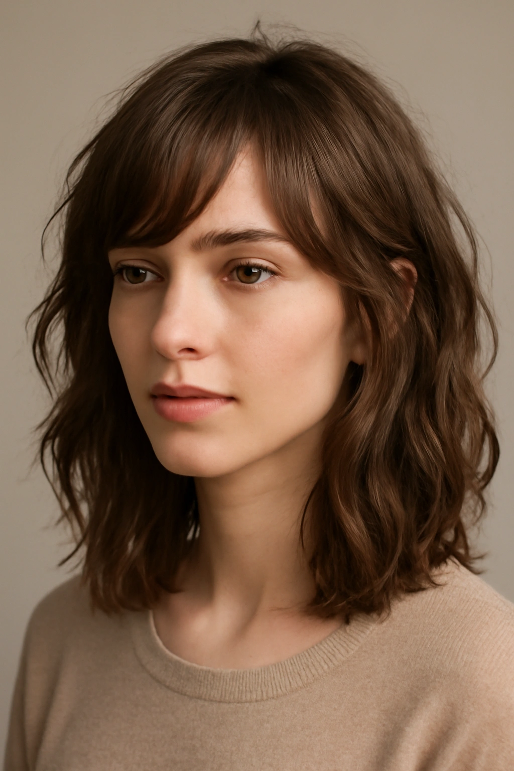 Close-up of wispy side-swept bangs with shoulder-length textured waves