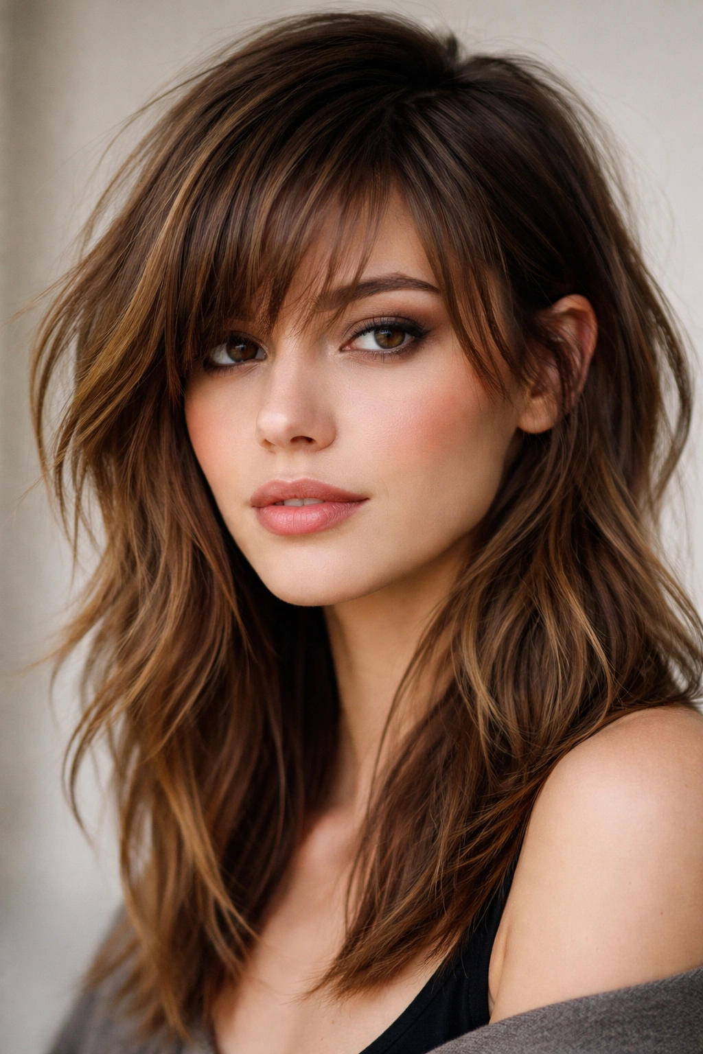 10 Face Framing Bang Styles With A Side Part 3 Portrait of a model with wispy choppy bangs and side part showing texture