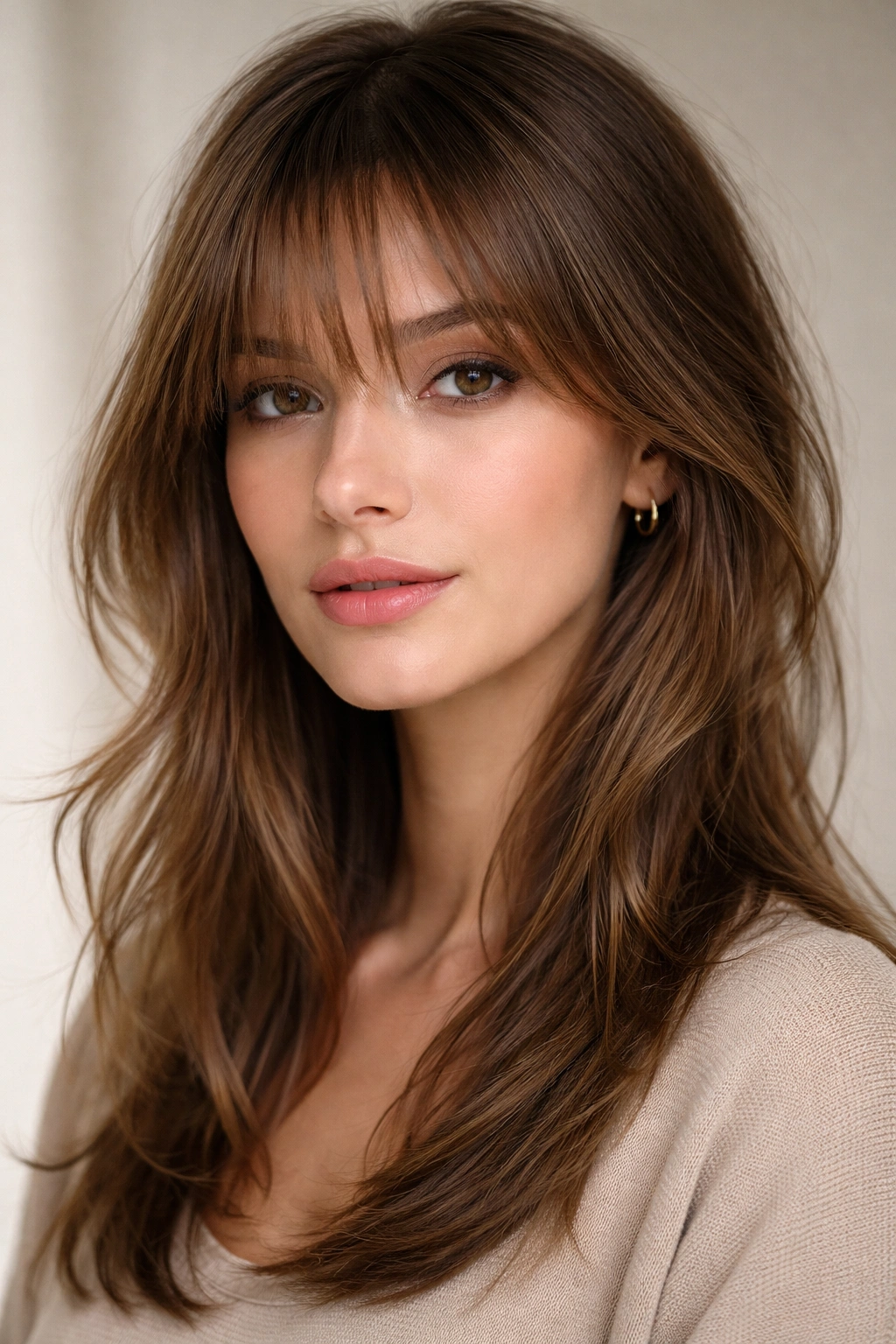 Close-up portrait showing wispy bangs and soft layers framing the face