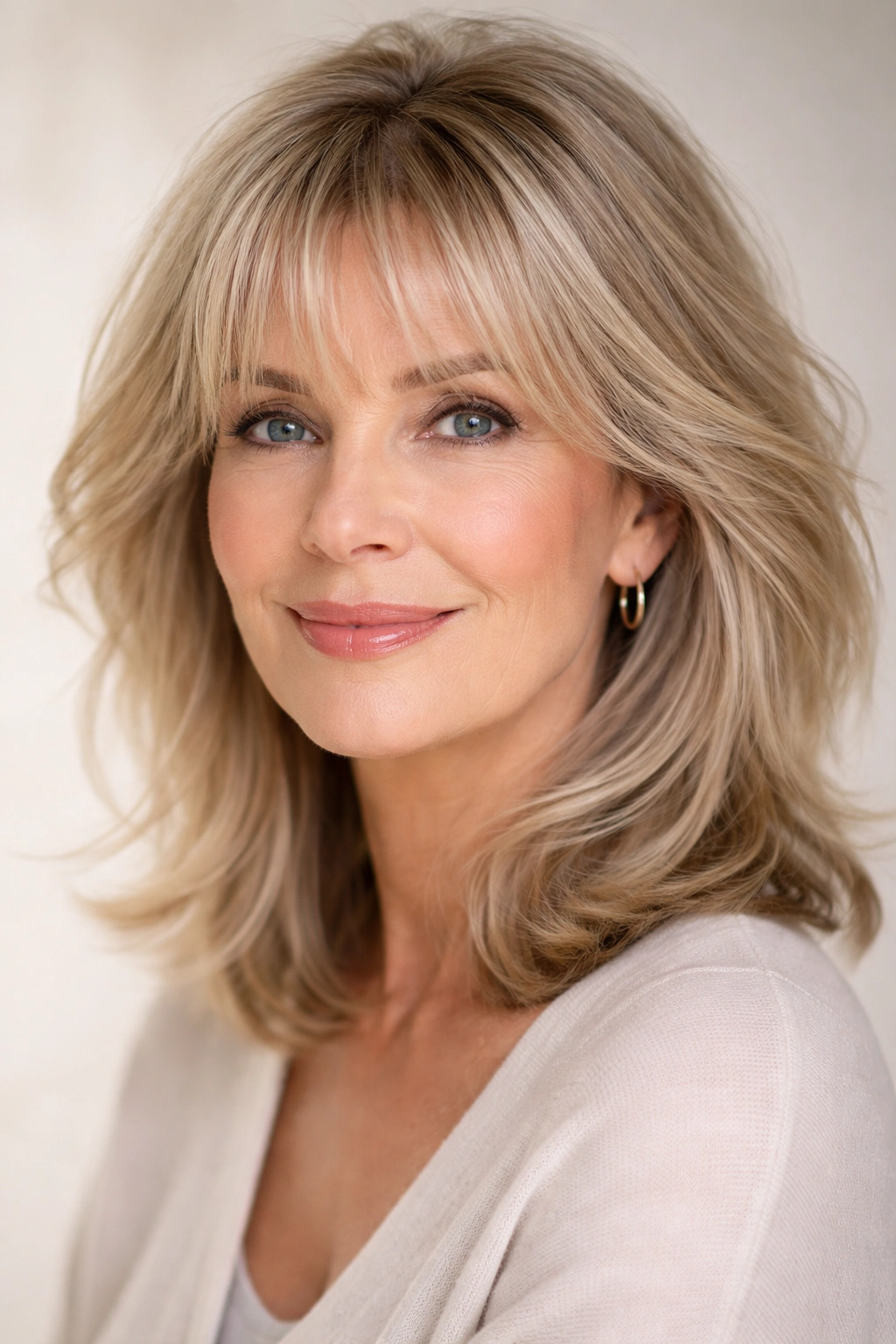 Portrait with wispy bangs for soft youthful appeal