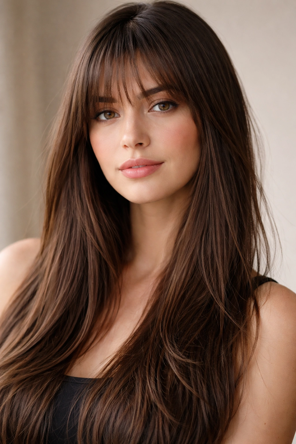12 Hairstyles That Beautifully Balance A Long Face 7 Close-up portrait of wispy feathered bangs with straight hair